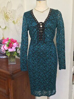 IPONA Sequined Lace Pencil Midi Dress Long Sleeve Lace Up Bodycon Party Teal M